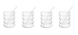 DKD Home Decor Set de 4 Vasos Matcha con Pajita de Borosilicato 330ml