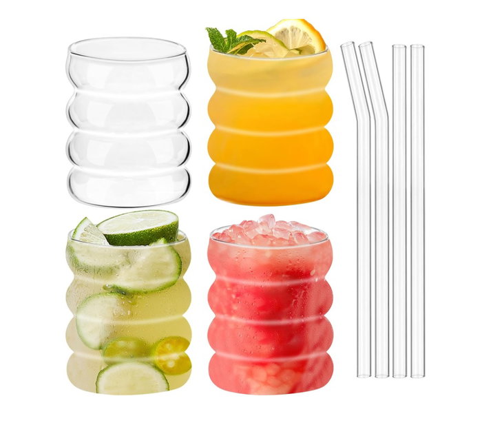 DKD Home Decor Set de 4 Vasos Matcha con Pajita de Borosilicato 330ml