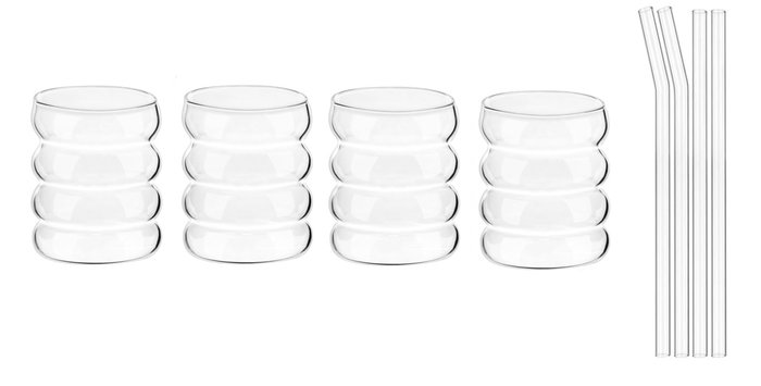 DKD Home Decor Set de 4 Vasos Matcha con Pajita de Borosilicato 330ml