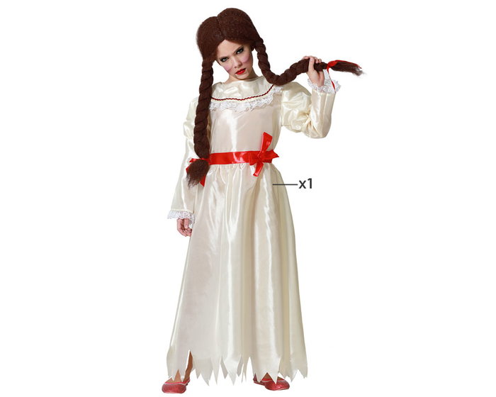 Disfraz de Muñeca Porcelana para Niña de 7 a 9 Años, Blanco, Incluye Vestido Largo con Volante y Cinturón Rojo - Halloween
