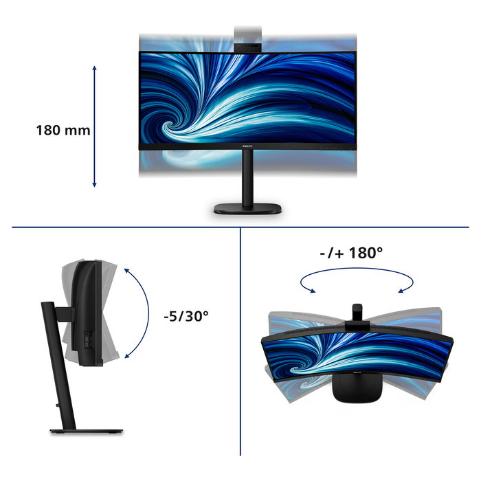 Philips 34B2U3600CH/00 Monitor 34" (86,4 cm) Curvo UWQHD 3440x1440 120Hz HDR10 VA, 1500R, 4ms, 2xHDMI+DP+USB-C 90W, Altavoces, Negro