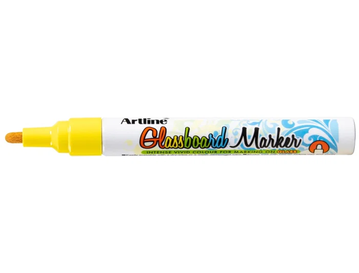 Artline Rotulador para Cristal Glass Marker Amarillo Fluor, Borrable en Seco o Húmedo, Punta Redonda 2mm