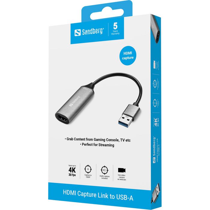 Sandberg HDMI Capture Link to USB-A Capturadora de Video hasta 4K para Streaming y Webcam con Puerto HDMI a USB