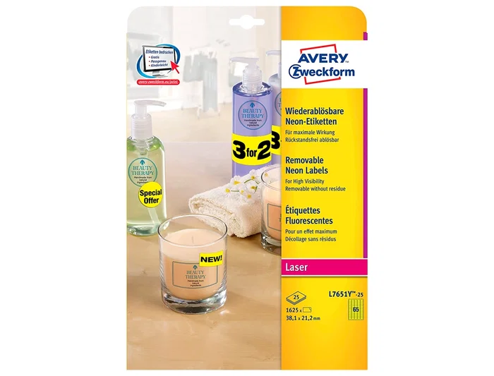 Avery Etiqueta Adhesiva 38,1x21,2 mm Removible Amarillo Fluorescente Caja 1625 Unidades