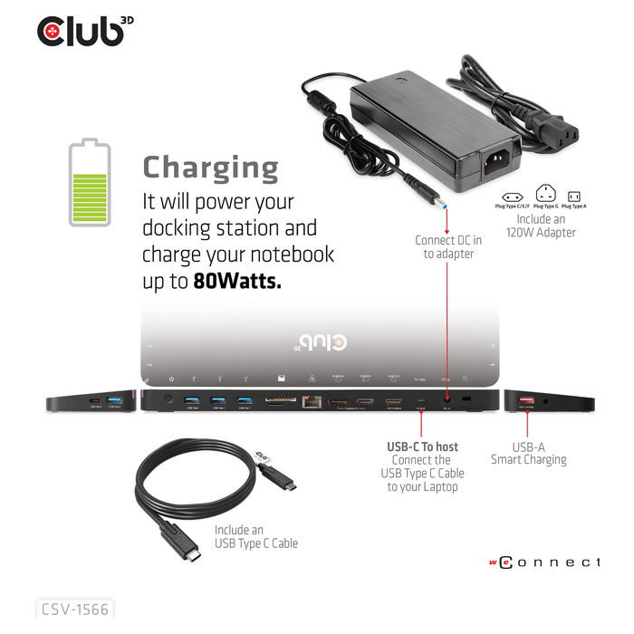 Club3D CSV-1566 Dock USB-C 120W con 6xUSB 3.0, 2xHDMI 2.0, DisplayPort, LAN, Lector de Tarjetas para Lenovo, Dell, Acer, Asus, MSI, HP, Apple