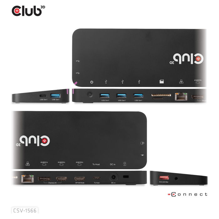Club3D CSV-1566 Dock USB-C 120W con 6xUSB 3.0, 2xHDMI 2.0, DisplayPort, LAN, Lector de Tarjetas para Lenovo, Dell, Acer, Asus, MSI, HP, Apple