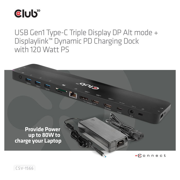 Club3D CSV-1566 Dock USB-C 120W con 6xUSB 3.0, 2xHDMI 2.0, DisplayPort, LAN, Lector de Tarjetas para Lenovo, Dell, Acer, Asus, MSI, HP, Apple