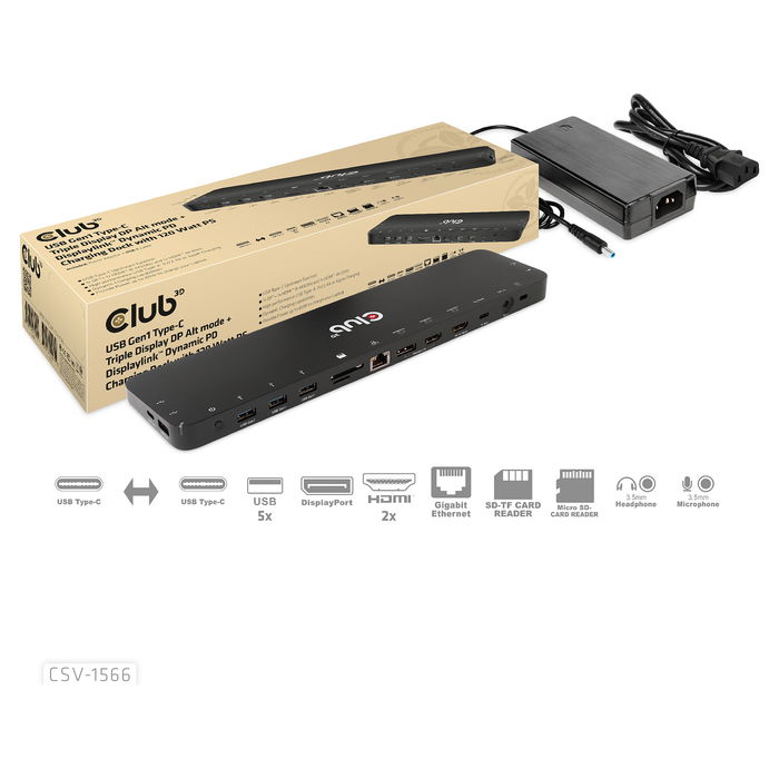 Club3D CSV-1566 Dock USB-C 120W con 6xUSB 3.0, 2xHDMI 2.0, DisplayPort, LAN, Lector de Tarjetas para Lenovo, Dell, Acer, Asus, MSI, HP, Apple
