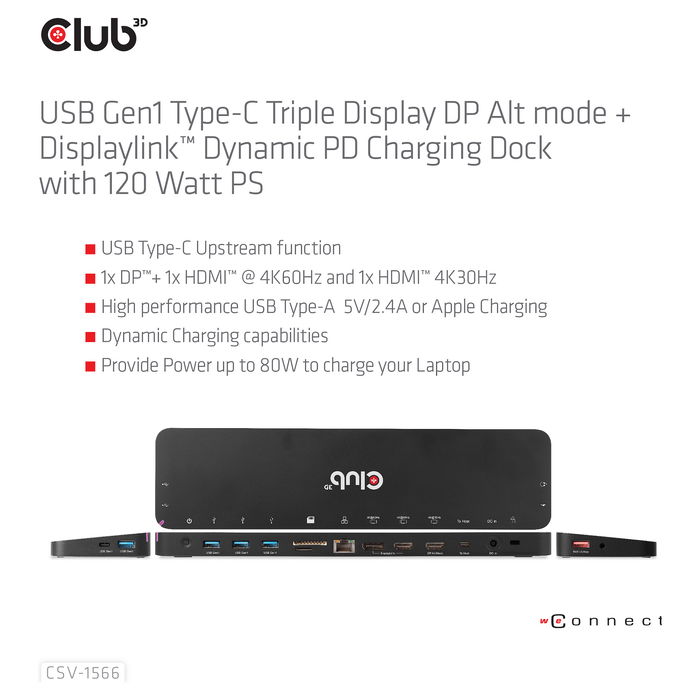 Club3D CSV-1566 Dock USB-C 120W con 6xUSB 3.0, 2xHDMI 2.0, DisplayPort, LAN, Lector de Tarjetas para Lenovo, Dell, Acer, Asus, MSI, HP, Apple