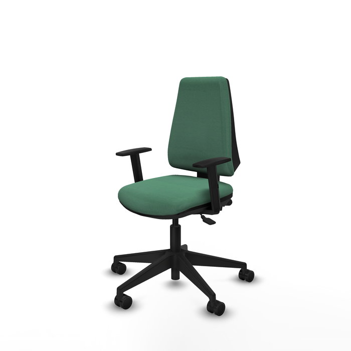 Silla de oficina Elche con mecanismo Asincro tapizada con Tela color Verde esmeralda. Equipada con Base piramidal negra, Brazos 1D y Ruedas 65mm nailon Silla de oficina Elche con mecanismo Asincro tapizada con Tela color Verde esmeralda. Equipada con Base piramidal negra, Brazos 1D y Ruedas 65mm nailon