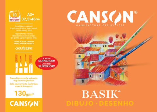 Canson Papel de Dibujo Basik A3+ 32,5x46 cm 130 g/m² - 10 hojas