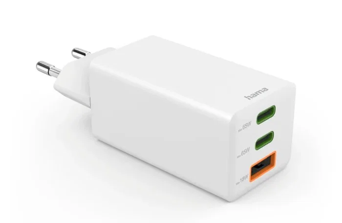 Hama 00201996 Cargador de Red GaN 65W PD/QC, 3 Puertos (2x USB-C + 1x USB-A), Blanco - Carga Rápida para Smartphone, Tablet y Portátil