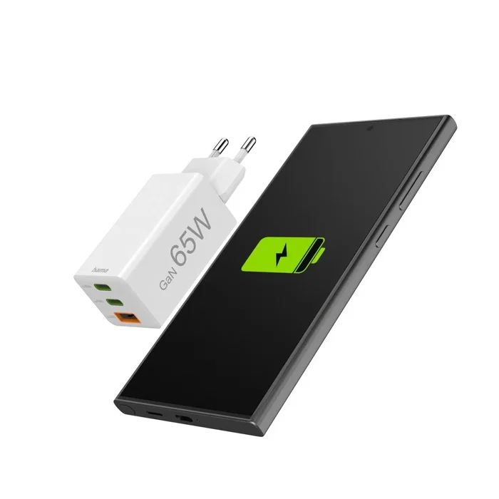 Hama 00201996 Cargador de Red GaN 65W PD/QC, 3 Puertos (2x USB-C + 1x USB-A), Blanco - Carga Rápida para Smartphone, Tablet y Portátil