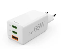 Hama 00201996 Cargador de Red GaN 65W PD/QC, 3 Puertos (2x USB-C + 1x USB-A), Blanco - Carga Rápida para Smartphone, Tablet y Portátil