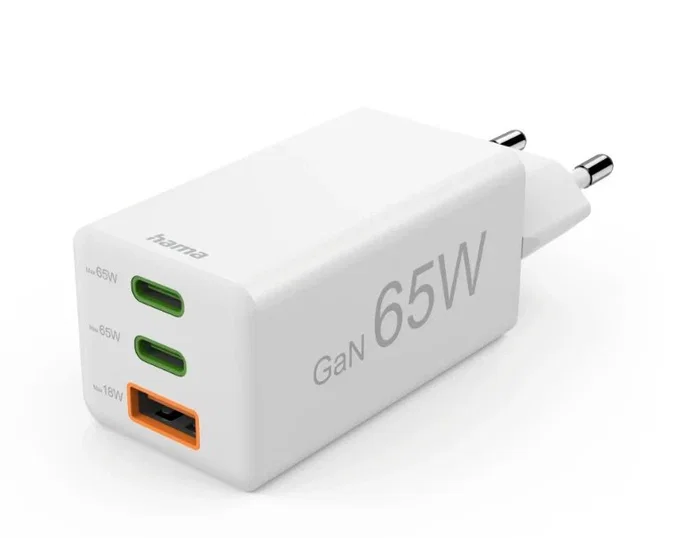 Hama 00201996 Cargador de Red GaN 65W PD/QC, 3 Puertos (2x USB-C + 1x USB-A), Blanco - Carga Rápida para Smartphone, Tablet y Portátil