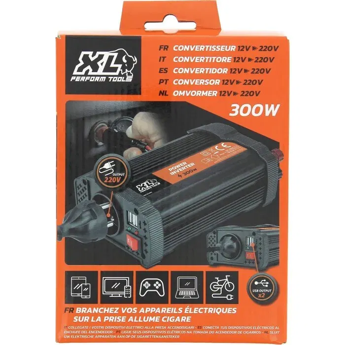 XLPT AAAQG37681 Convertidor 12V-230V 300W con 2 Salidas USB y Fusibles Incluidos