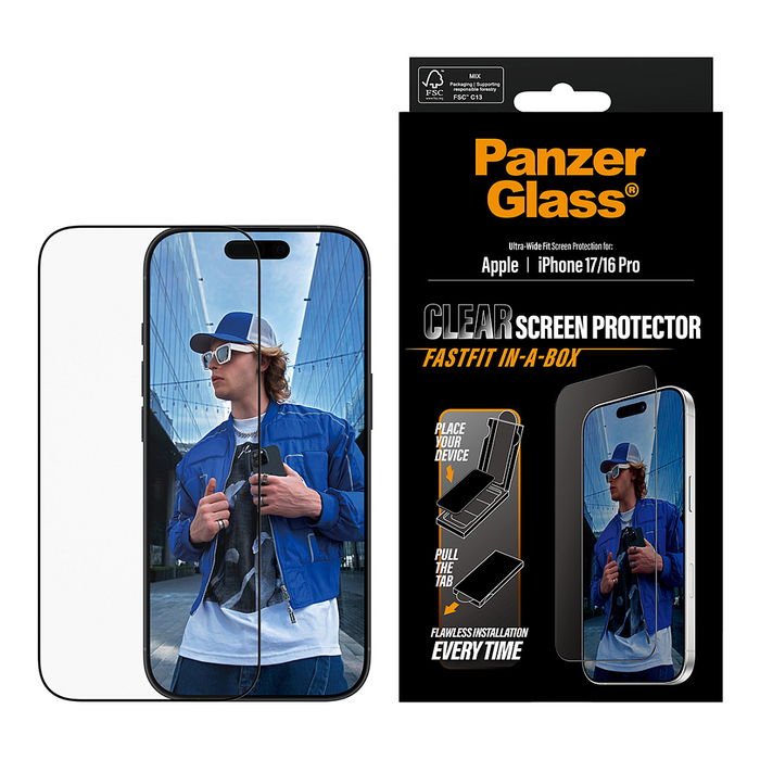 PanzerGlass Protector de Pantalla para iPhone 17 / 16 Pro - UWF Fastfit - Vidrio Templado Resistente a Golpes y Rayones