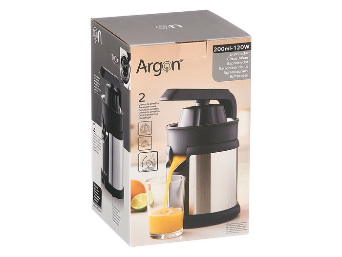 Argon Exprimidor Manual de Acero Inoxidable y Plástico Negro, 120W, Dimensiones 15x25.5x21 cm, Enchufe VDE (Set de 6)