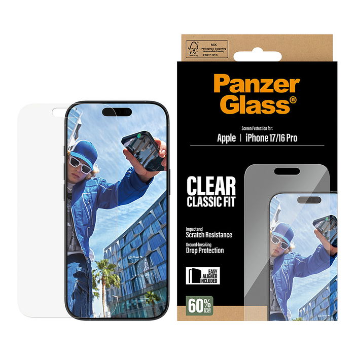 PanzerGlass CF Protector de Pantalla para iPhone 17 / iPhone 16 Pro Classic Fit con EasyAligner Resistente a Rayones y Golpes Transparente