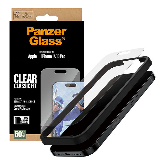 PanzerGlass CF Protector de Pantalla para iPhone 17 / iPhone 16 Pro Classic Fit con EasyAligner Resistente a Rayones y Golpes Transparente