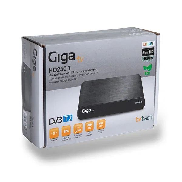 TvTech GigaTV HD250 T Sintonizador TDT Digital Full HD con DVB-T2 y Grabadora USB PVR para Cable, H.264, 1080p, HDMI, SCART - Negro