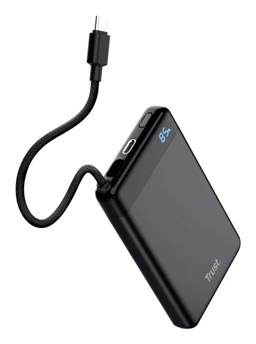 Trust 25880 - Powerbank Portátil 10000 mAh Negro, Carga Rápida USB-C PD/PPS 20W, 2 Puertos, Pantalla LED, Para Móvil y Tablet