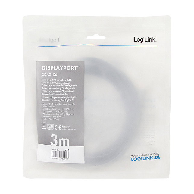 LogiLink Cable DisplayPort DP/M a DP/M, 8K/60 Hz, 3 m, Negro/Gris LogiLink Cable DisplayPort DP/M a DP/M, 8K/60 Hz, 3 m, Negro/Gris