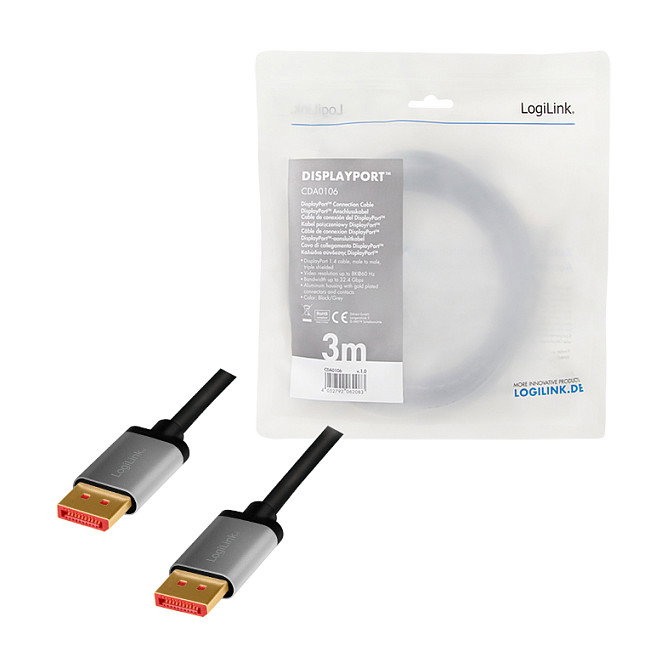 LogiLink Cable DisplayPort DP/M a DP/M, 8K/60 Hz, 3 m, Negro/Gris LogiLink Cable DisplayPort DP/M a DP/M, 8K/60 Hz, 3 m, Negro/Gris