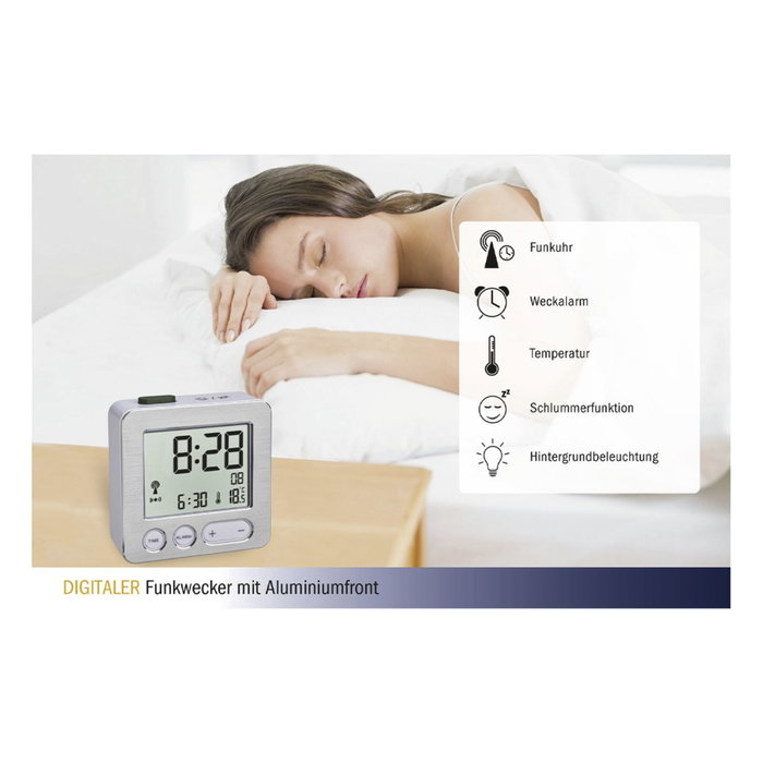 TFA Reloj despertador digital controlado por radio plata/blanco