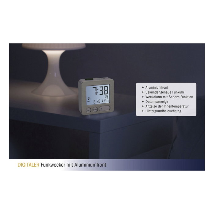 TFA Reloj despertador digital controlado por radio plata/blanco