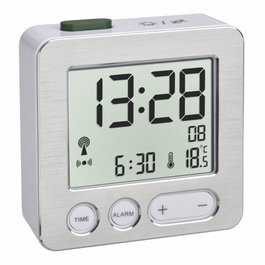 TFA Reloj despertador digital controlado por radio plata/blanco