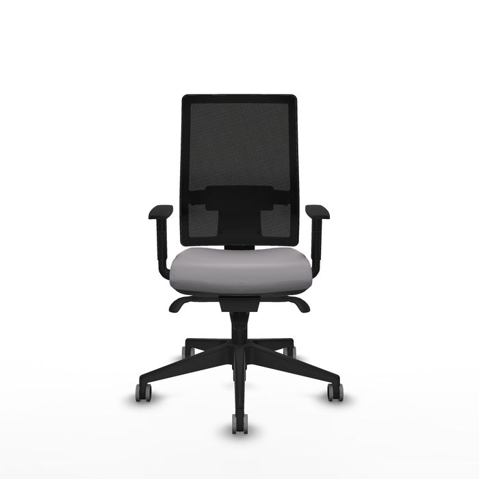 Silla de oficina Horna con mecanismo Sincro tapizada con Similpiel color Gris y malla color Negro. Equipada con lumbar 1D, Brazos 1D y Ruedas 65 mm parqué