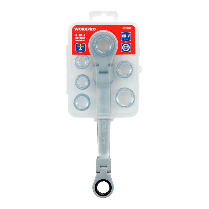 Workpro Llave de estrella doble con carraca articulada 14x19 mm, 6 bocas intercambiables (8-17 mm), 7 piezas, CR-V 72 dientes Workpro Llave de estrella doble con carraca articulada 14x19 mm, 6 bocas intercambiables (8-17 mm), 7 piezas, CR-V 72 dientes