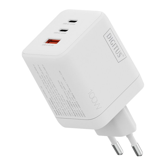 Digitus Cargador USB GaN 100W, Cargador Rápido 3 Puertos (2 USB-C, 1 USB-A), Interior, 100-240V, Blanco, Compatibilidad Universal, Protección