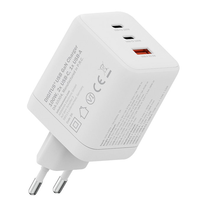 Digitus Cargador USB GaN 100W, Cargador Rápido 3 Puertos (2 USB-C, 1 USB-A), Interior, 100-240V, Blanco, Compatibilidad Universal, Protección