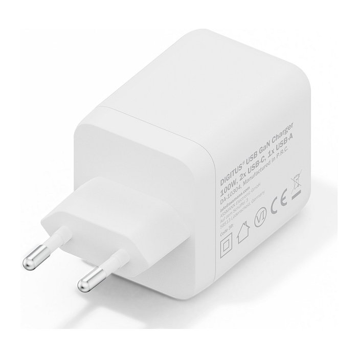 Digitus Cargador USB GaN 100W, Cargador Rápido 3 Puertos (2 USB-C, 1 USB-A), Interior, 100-240V, Blanco, Compatibilidad Universal, Protección