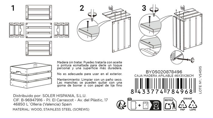 Confortime Caja Madera Apilable 46 cm x 31 cm x 25 cm (4 Unidades)