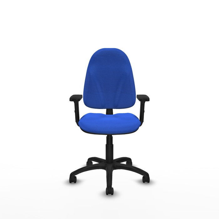 Silla de oficina Algarra con mecanismo Contacto permanente básico tapizada con Tela color Azul. Equipada con Base poliamida negra, Brazos 2D y Ruedas de parqué