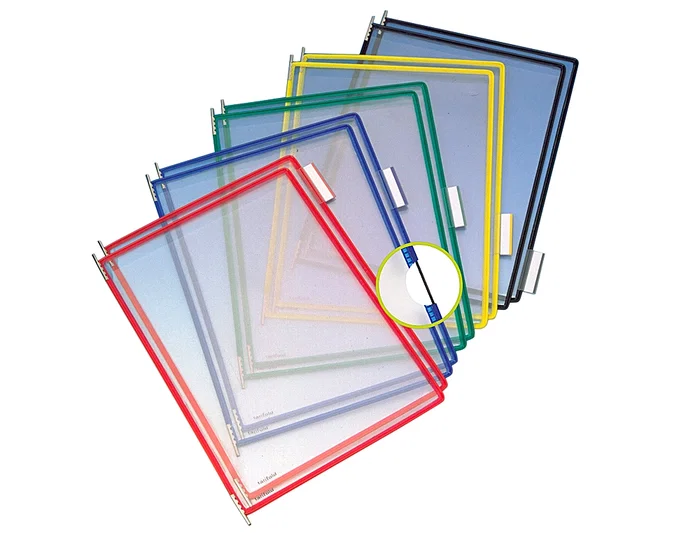Djois Funda para Portacatalogos DIN A4 con PVC Antirreflejo, Bordes de Color, Pivotes Metálicos, Apertura Superior o Lateral, Incluye Índices, Pack 10 Unidades