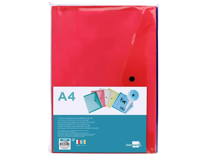 Liderpapel Dossier con Broche Transparente DIN A4 Colores Surtidos Paquete de 5 Unidades