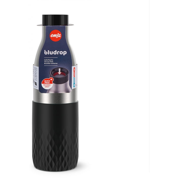 Emsa BLUDROP Sleeve Botella Termo Aislada 0,7 L Negra de Acero Inoxidable con Funda de Silicona