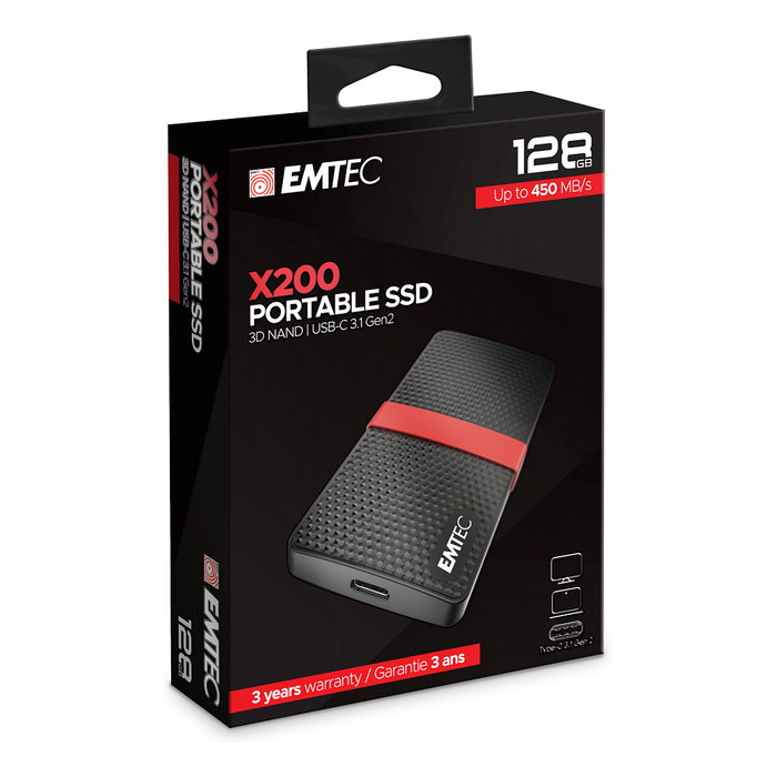 Emtec X200 128GB SSD Portátil USB 3.2 Gen1 Tipo C Negro y Rojo