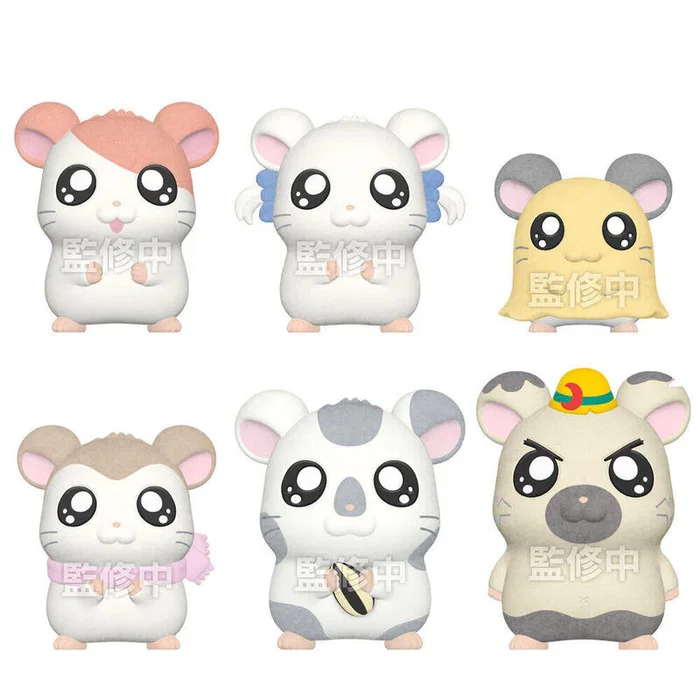 Hamtaro Set Colección de 6 Muñecos Flocked con Base - Figuras de Peluche Aterciopeladas Hamtaro, Taishou-kun, Ribbon-chan, Koushi-kun, Muffler-Han, Chibimaru-Han
