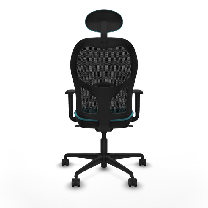Silla de oficina Jorquera con mecanismo Sincro tapizada con Tela color Turquesa y malla color Negro. Equipada con lumbar 1D, Brazos 1D, Cabecero Fijo y Ruedas 65mm nailon