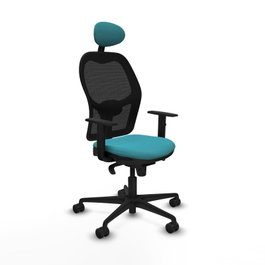 Silla de oficina Jorquera con mecanismo Sincro tapizada con Tela color Turquesa y malla color Negro. Equipada con lumbar 1D, Brazos 1D, Cabecero Fijo y Ruedas 65mm nailon