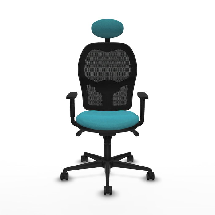 Silla de oficina Jorquera con mecanismo Sincro tapizada con Tela color Turquesa y malla color Negro. Equipada con lumbar 1D, Brazos 1D, Cabecero Fijo y Ruedas 65mm nailon