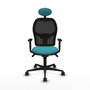 Silla de oficina Jorquera con mecanismo Sincro tapizada con Tela color Turquesa y malla color Negro. Equipada con lumbar 1D, Brazos 1D, Cabecero Fijo y Ruedas 65mm nailon