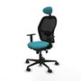 Silla de oficina Jorquera con mecanismo Sincro tapizada con Tela color Turquesa y malla color Negro. Equipada con lumbar 1D, Brazos 1D, Cabecero Fijo y Ruedas 65mm nailon