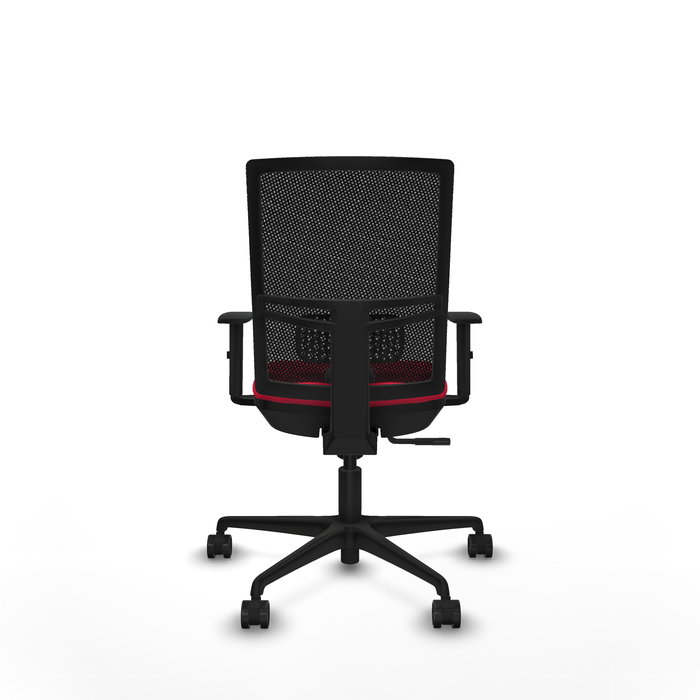 Silla de oficina Yunquera con mecanismo Sincro tapizada con Tela color Rojo y malla color Negro. Equipada con lumbar 1D, Brazos 1D y Ruedas 65mm nailon