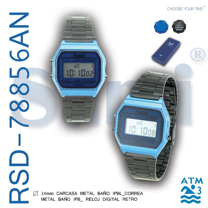 SAMI Reloj Retro LCD Azul IPBlue / Correa Negra IPB W - Reloj Digital